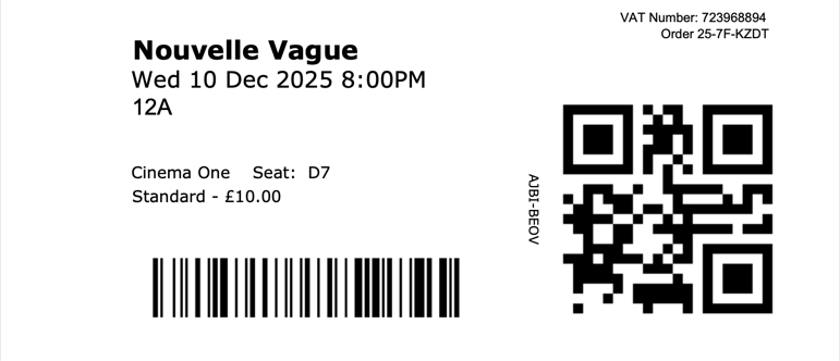 Ticket stub for seat B4 in the DCA's cinema two on 14 June 2025