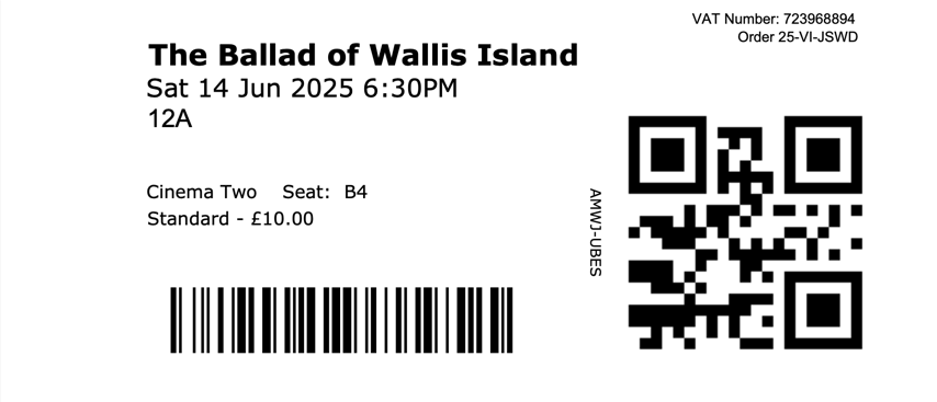 Ticket stub for seat B4 in the DCA's cinema two on 14 June 2025