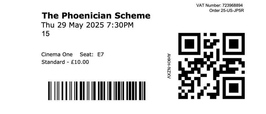 Ticket stub for seat E7 in the DCA's cinema one on 29 May 2025